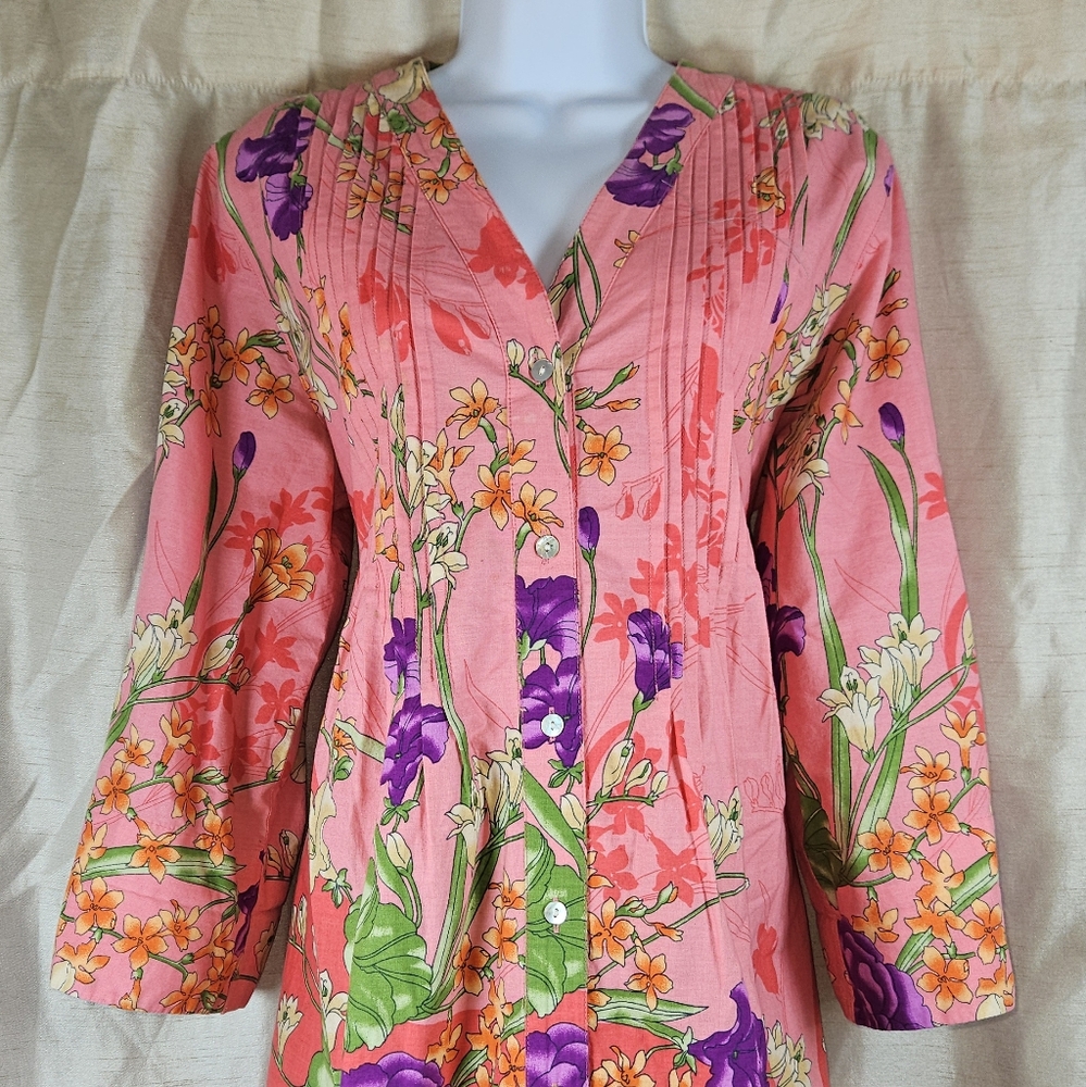 Soft Surrounding pink purple green floral tunic blouse top Womens Medium - Picture 9 of 9